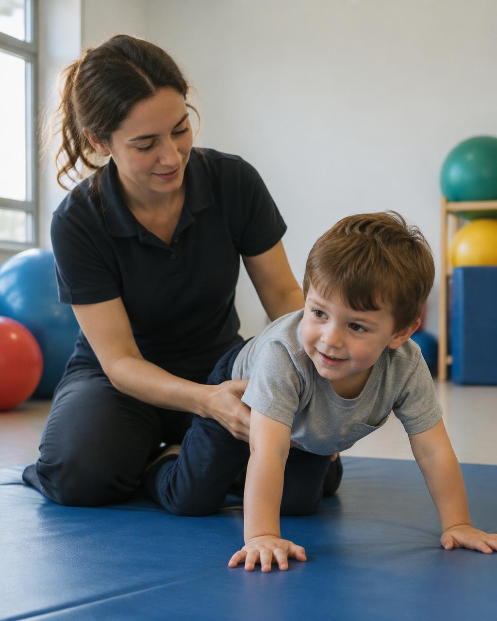 An occupational therapist working with a young child in a bright community clinic