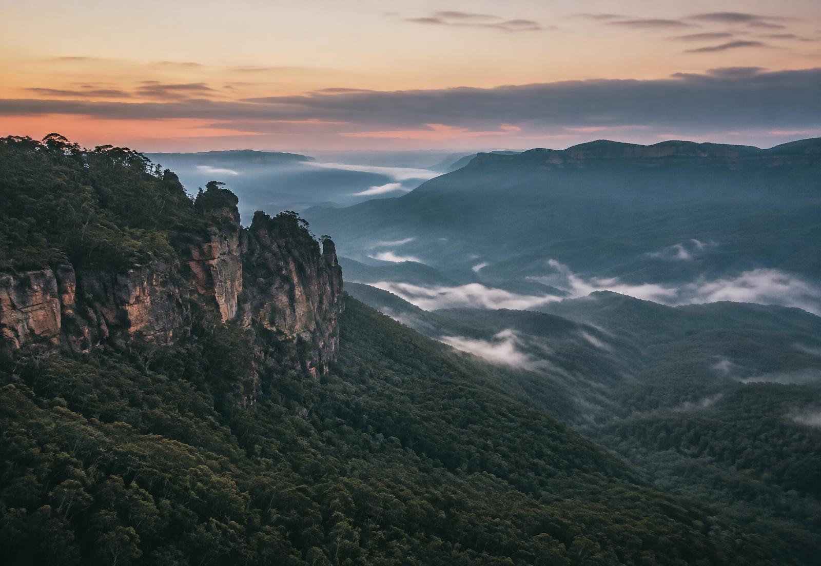 Mist settling over the ridges of the Blue Mountains west of Sydney at dawn