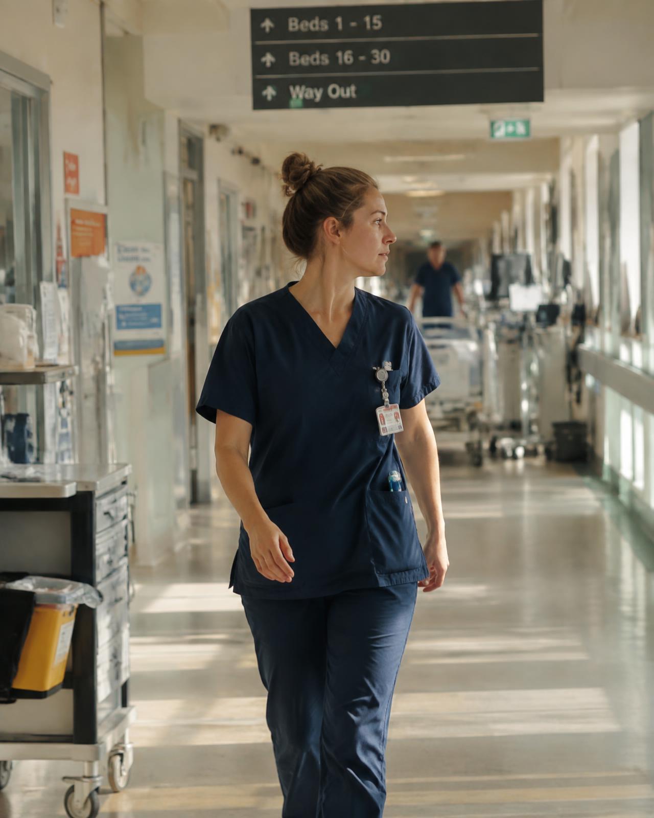 A nurse in scrubs walking through a light-filled Australian hospital corridor